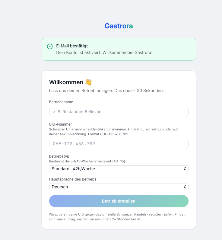 Onboarding-Wizard mit Betriebsname, UID, Betriebstyp und Sprache