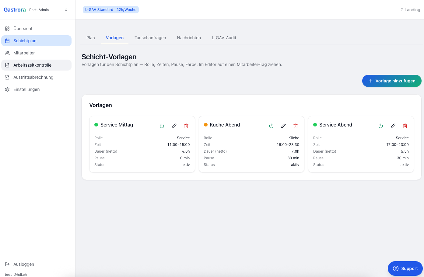 Schicht-Vorlagen-Übersicht mit Service Mittag, Küche Abend, Service Abend